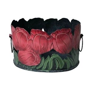 Vintage Boho Cutout Tole Metal Painted Tulips Planter Basket Red Green Black